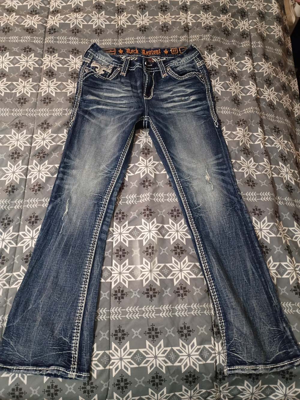 Rock Revival Women's Faded Blue Boot Cut Jeans with Contrast Stitching